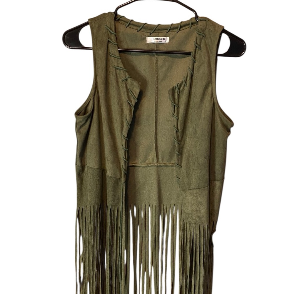 Hotouch Olive Green Fringe Vest – Festival Boho Streetwear – Size Small